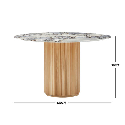 Gracie 120cm Round Marble Dining Table in Natural showcases a white marble top with gray/brown veins and a cylindrical light wood slat base, with dimensions 120cm across, 75cm tall, highlighted.