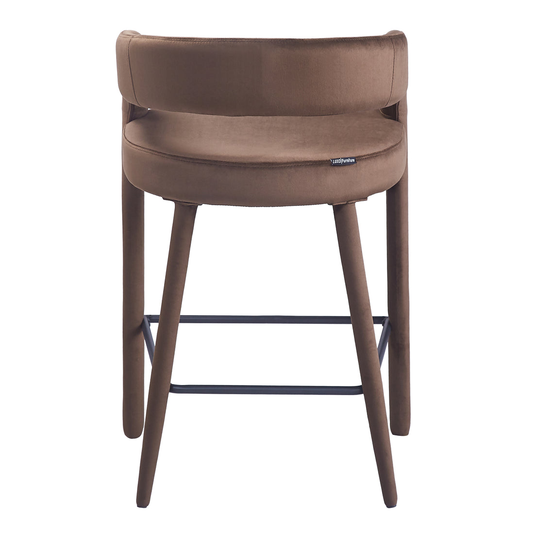 Back view of brown upholstered bar stool on white background