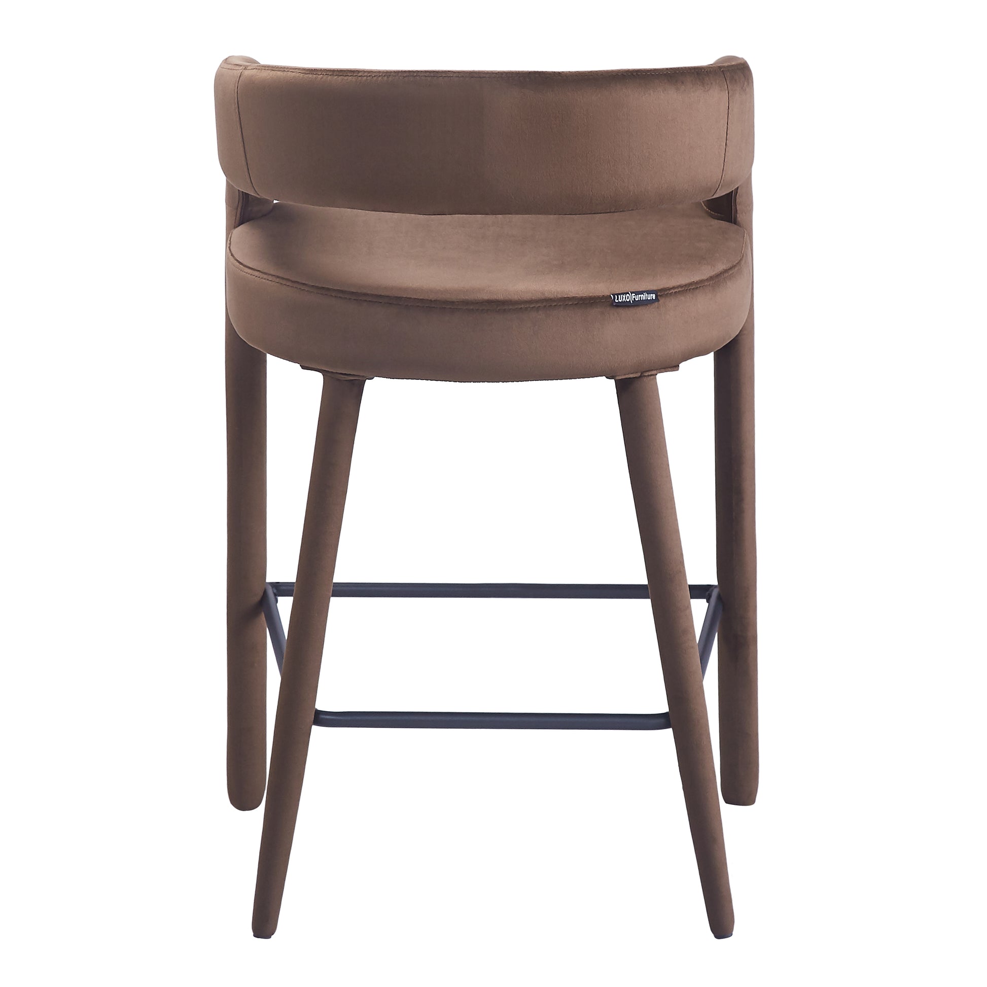 Back view of brown upholstered bar stool on white background