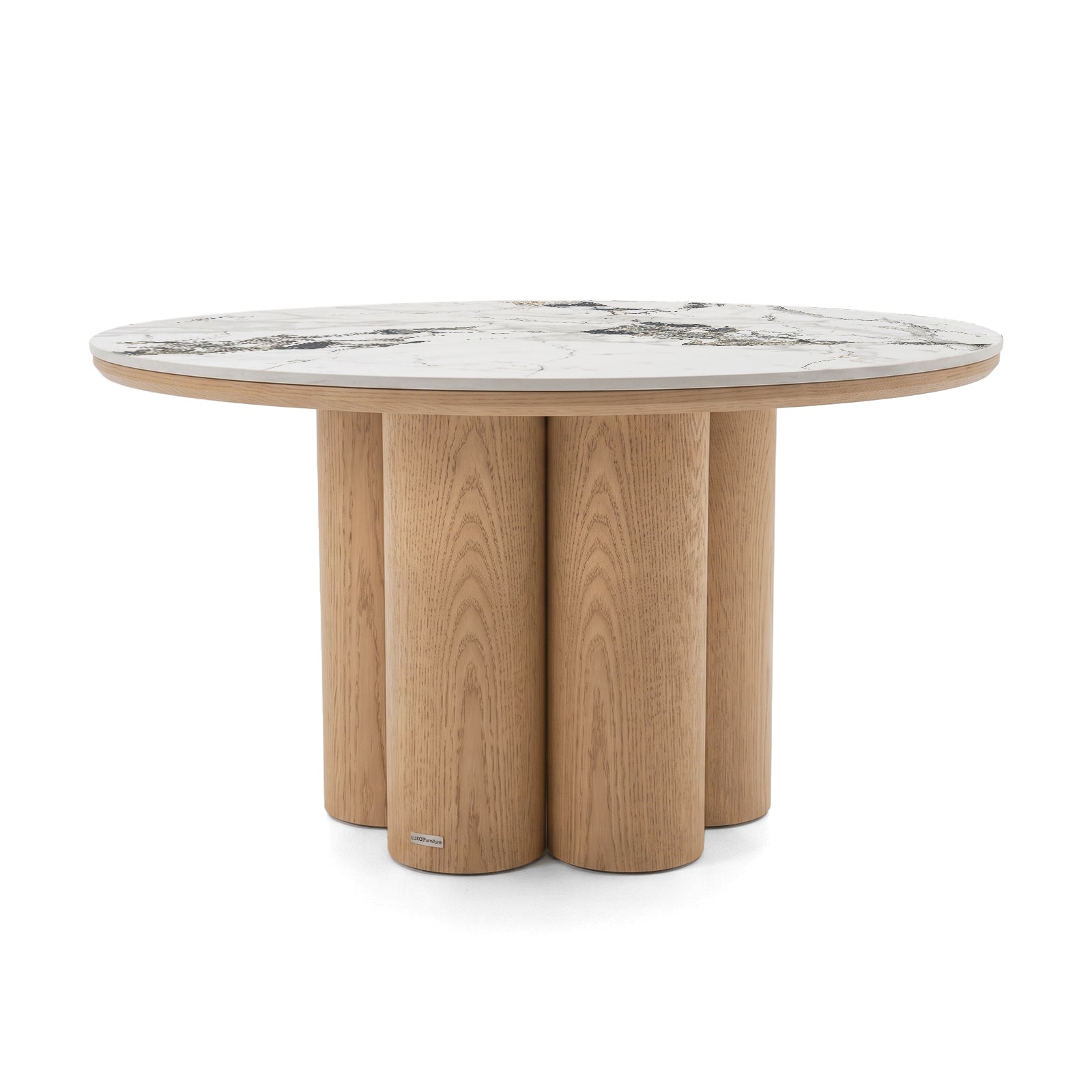 Round accent table with clustered cylindrical wooden base and marble-look top on a white background