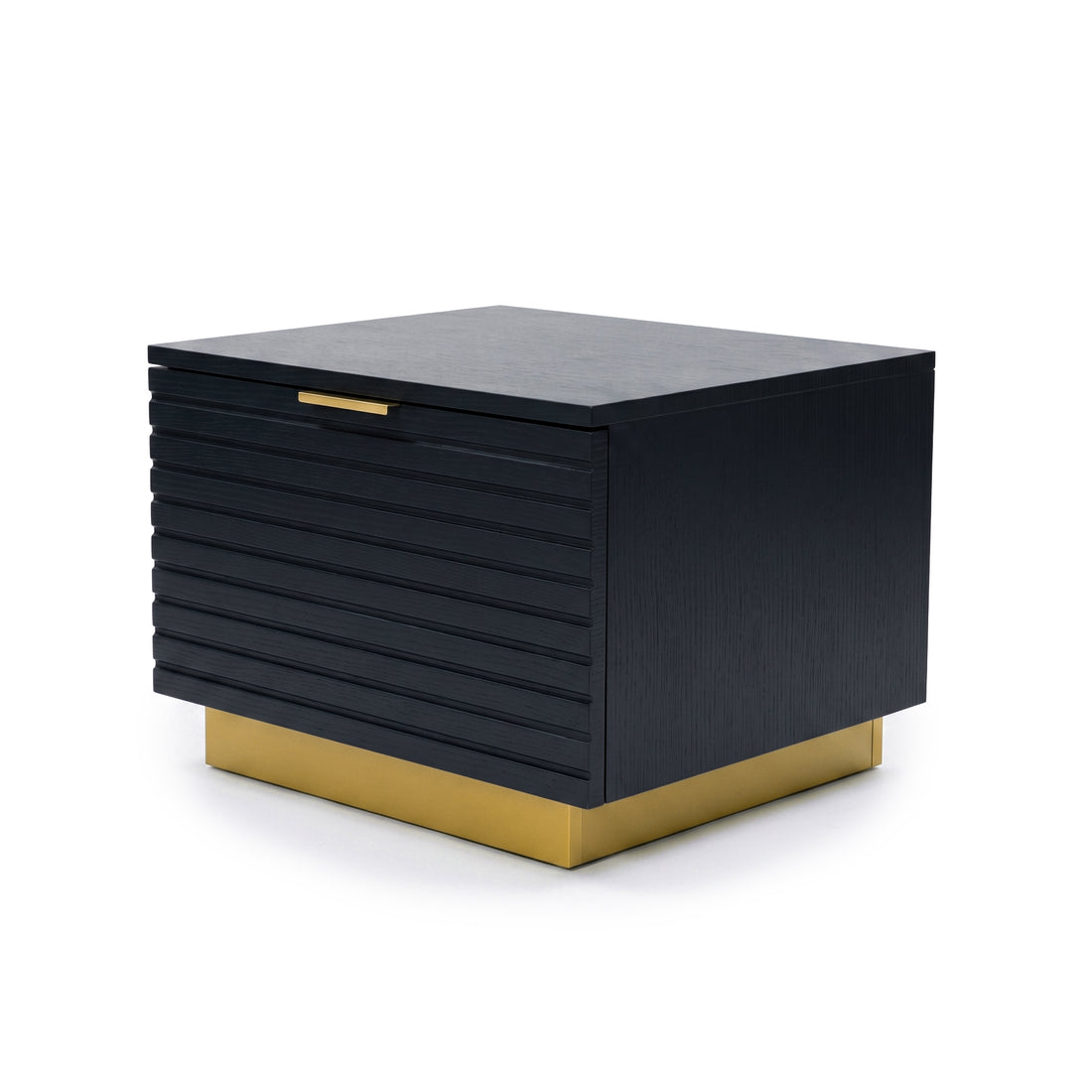 Square black nightstand with gold handle and base on white background