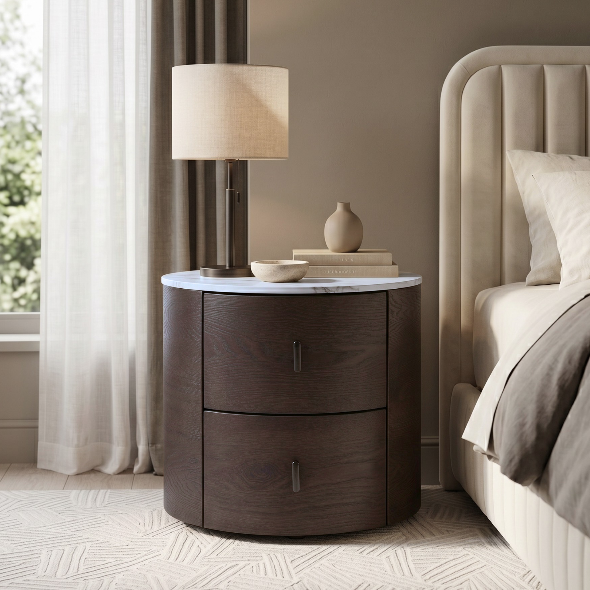 Round dark wood nightstand with white marble top styled beside a bed in a bedroom.