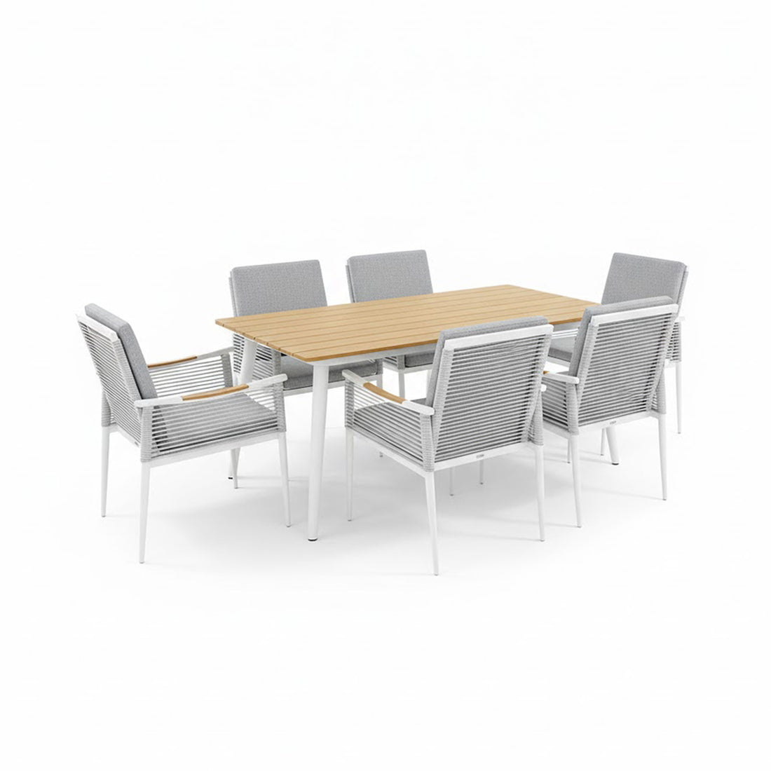 Casara 7 Piece Outdoor Dining Set in White & Grey, featuring a rectangular wood-slatted table with white metal legs, six matching chairs with rope-woven sides, and light gray cushions.