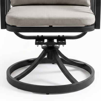 Lower portion of swivel chair with base and seat cushion on white background