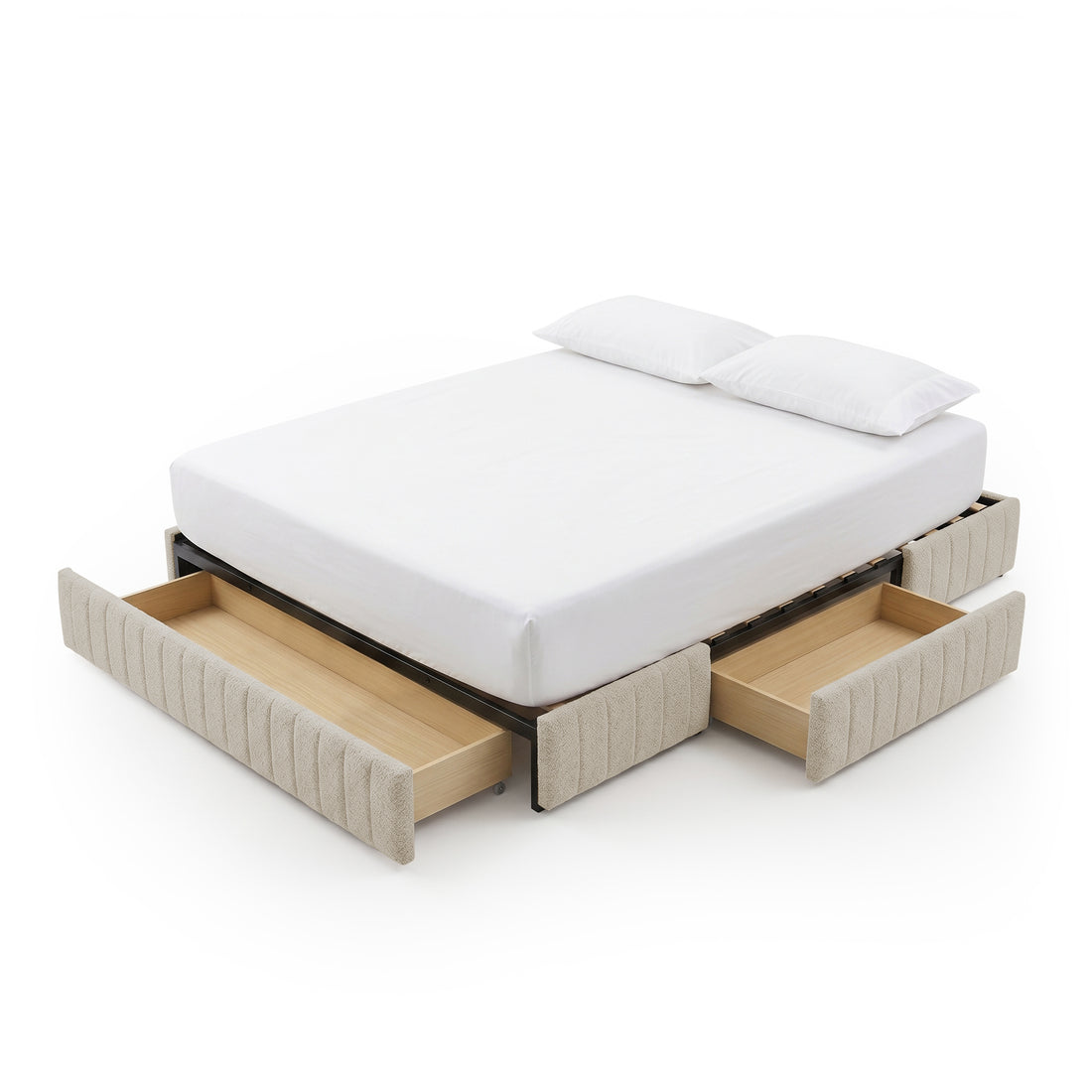 Beige upholstered bed with open storage drawers on white background
