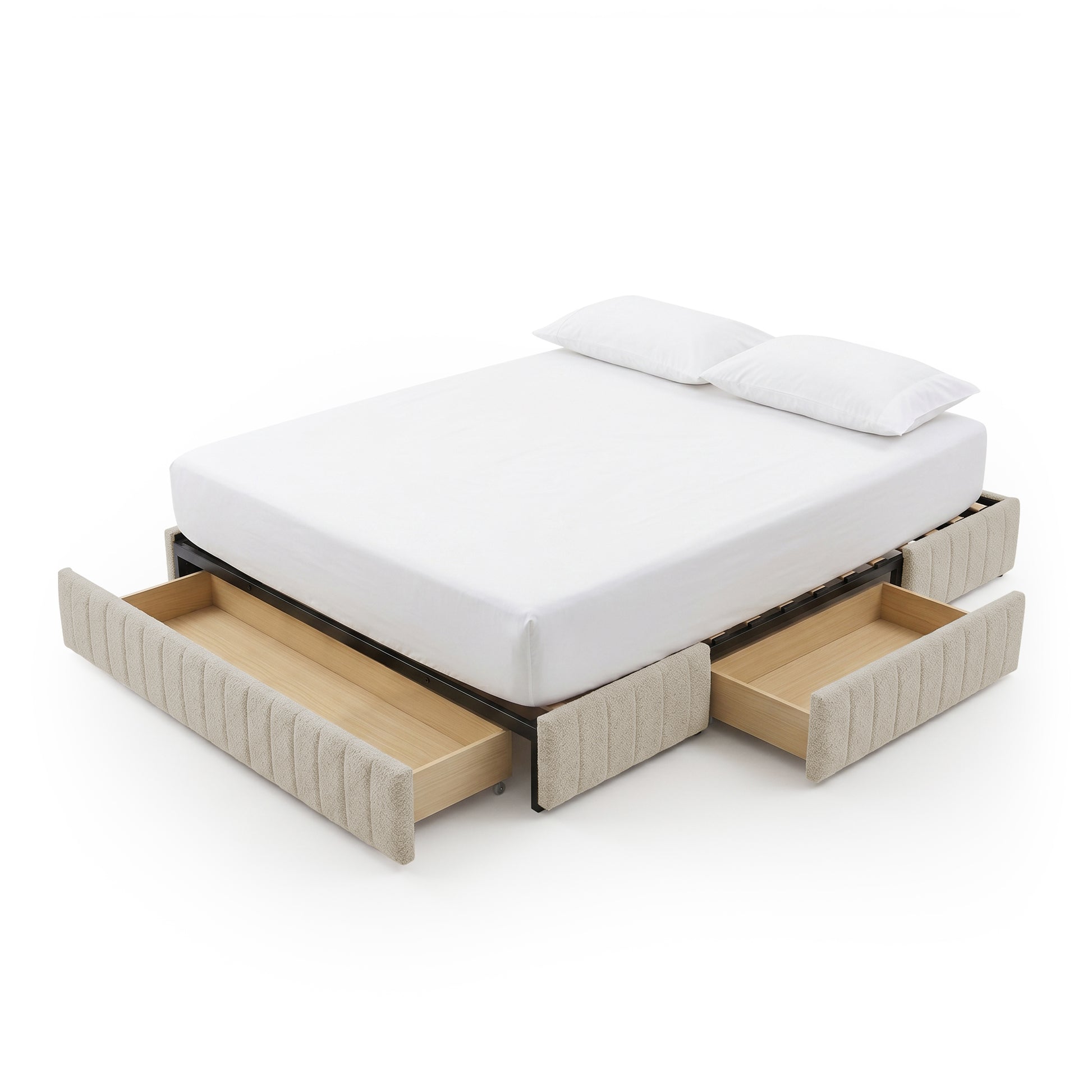 Beige upholstered bed with open storage drawers on white background