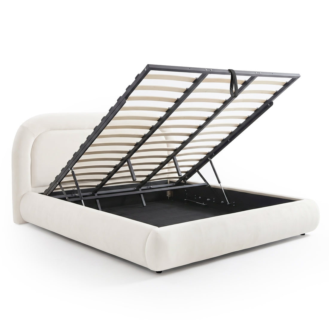 Complete cream upholstered storage bed frame with raised platform exposing the under-bed compartment