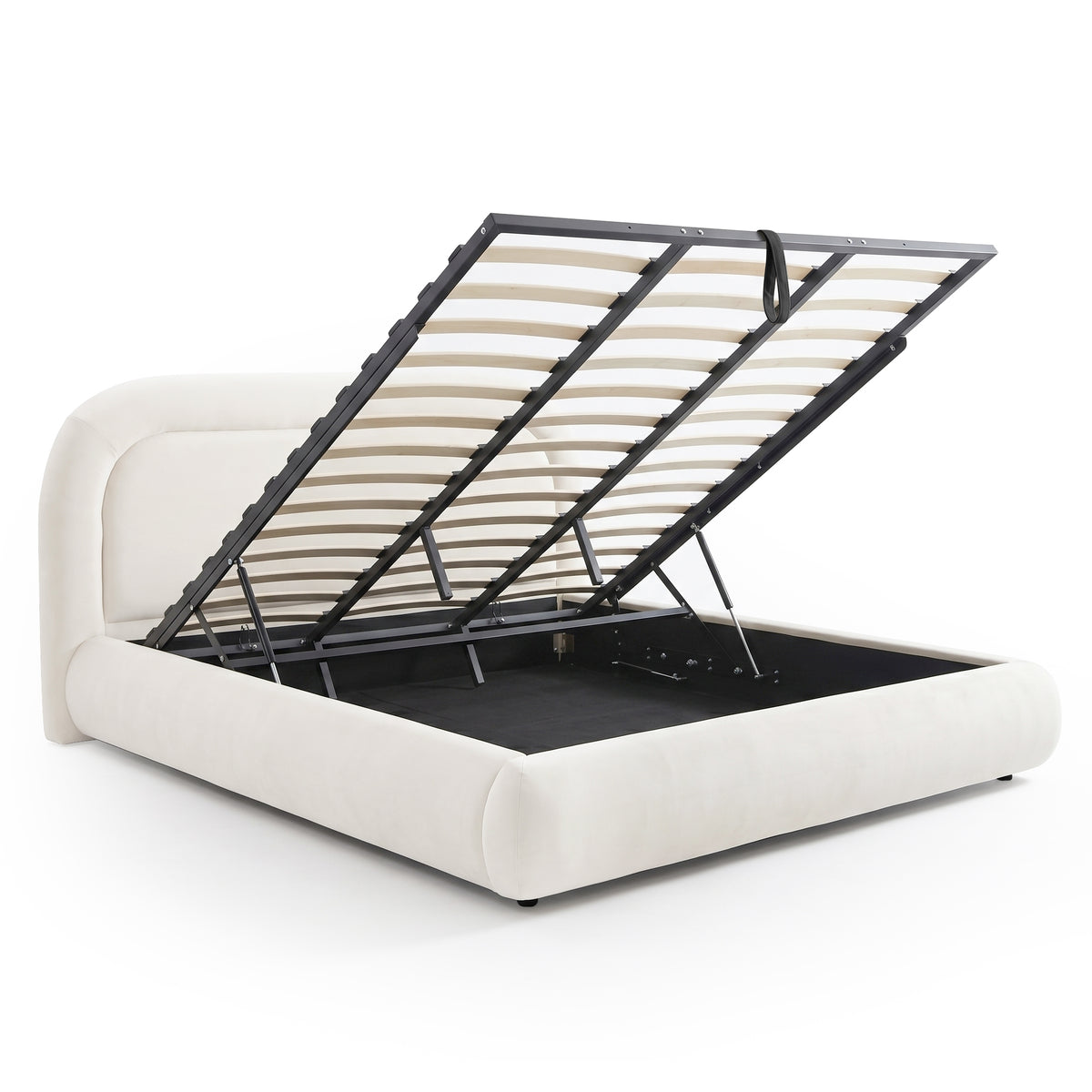 Complete cream upholstered storage bed frame with raised platform exposing the under-bed compartment