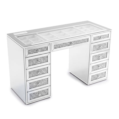 Mirrored vanity table with sparkling drawer fronts on a white background