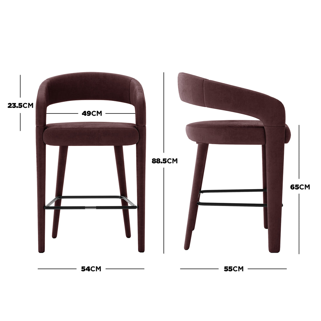 Eisha Velvet Bar Stool Set of 2 in Dark Plum, showing front and side views. Features deep burgundy velvet upholstery, curved open-back design, tapered legs, and black metal footrest with key measurements highlighted.