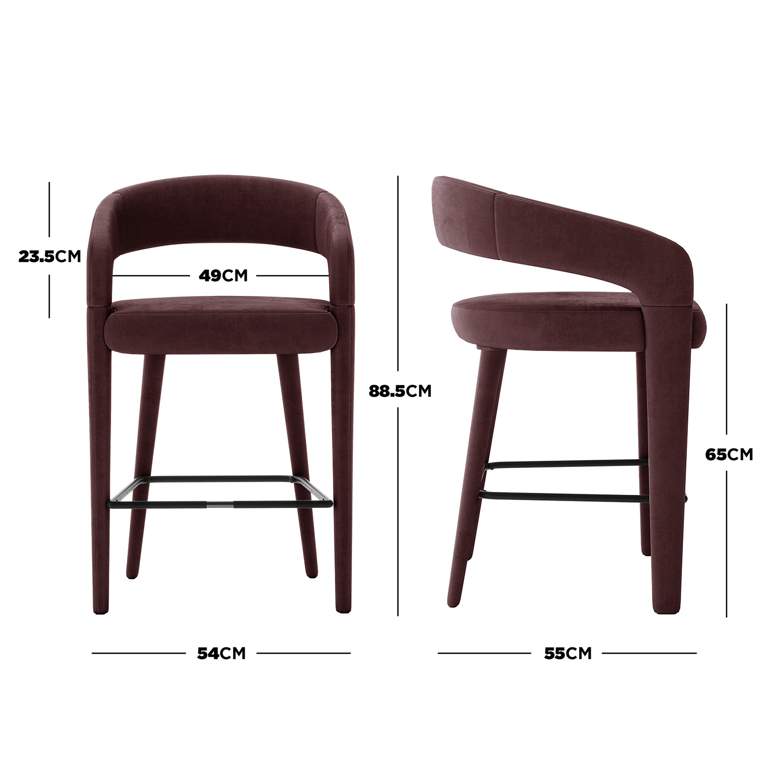 Eisha Velvet Bar Stool Set of 2 in Dark Plum, showing front and side views. Features deep burgundy velvet upholstery, curved open-back design, tapered legs, and black metal footrest with key measurements highlighted.