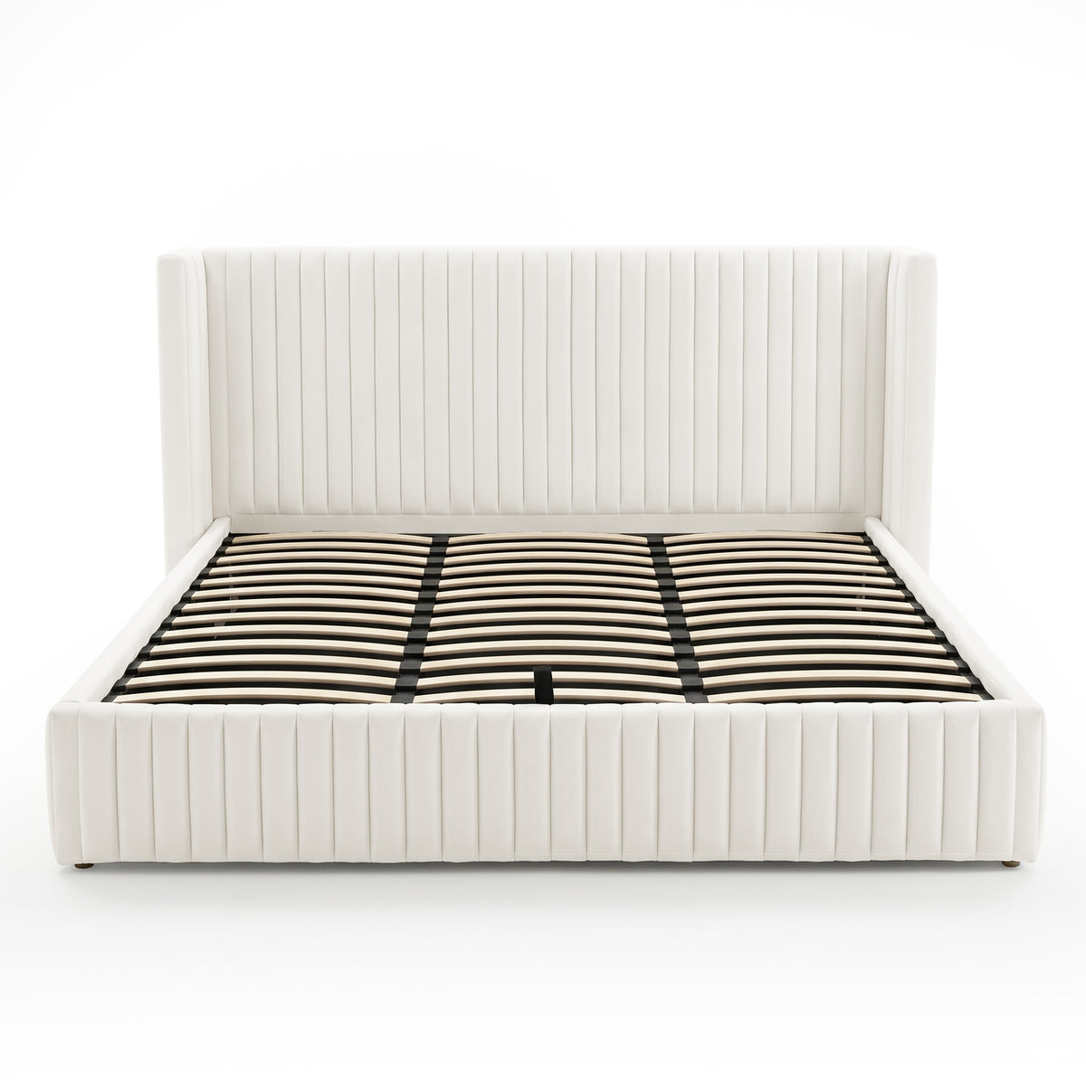 Front view of a cream upholstered bed frame with wooden support slats