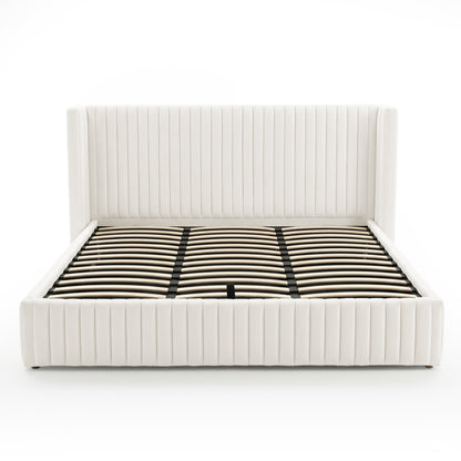 Front view of a cream upholstered bed frame with wooden support slats
