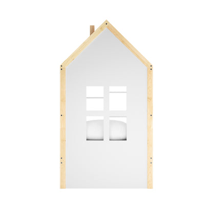 Halden Kids Cubby Bed Storage & Trundle features a house-shaped wooden panel with a reflective surface and four window cut-outs, hinting at a pillow or mattress visible behind.