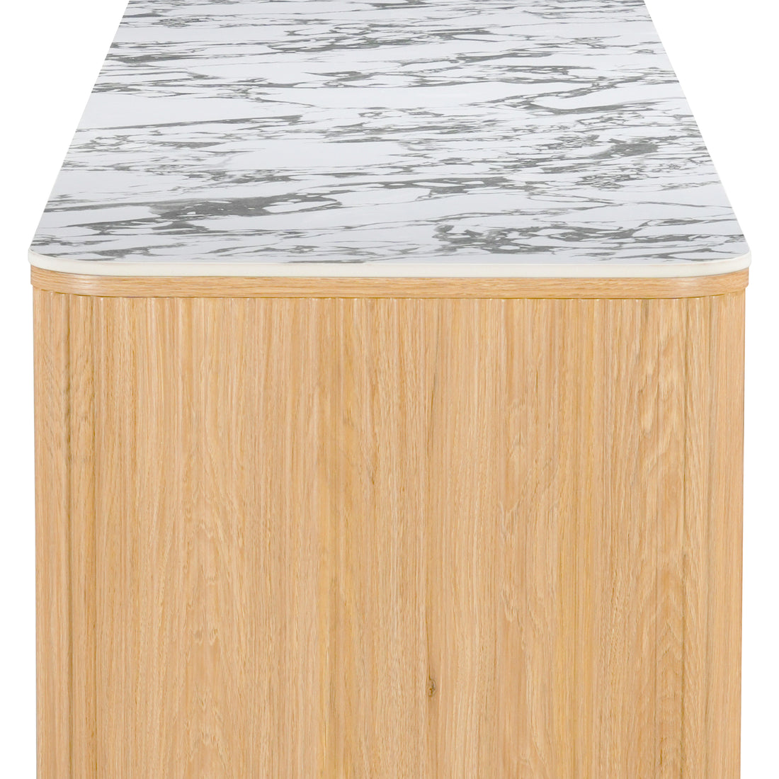 Close-up of one end of a wood sideboard with a marble top on white background