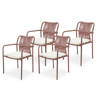 Evone Aluminium Rope Outdoor Dining Chair in Terracotta features a tubular metal frame with a woven backrest and off-white cushion, showcasing a sleek, minimalist design ideal for outdoor dining.