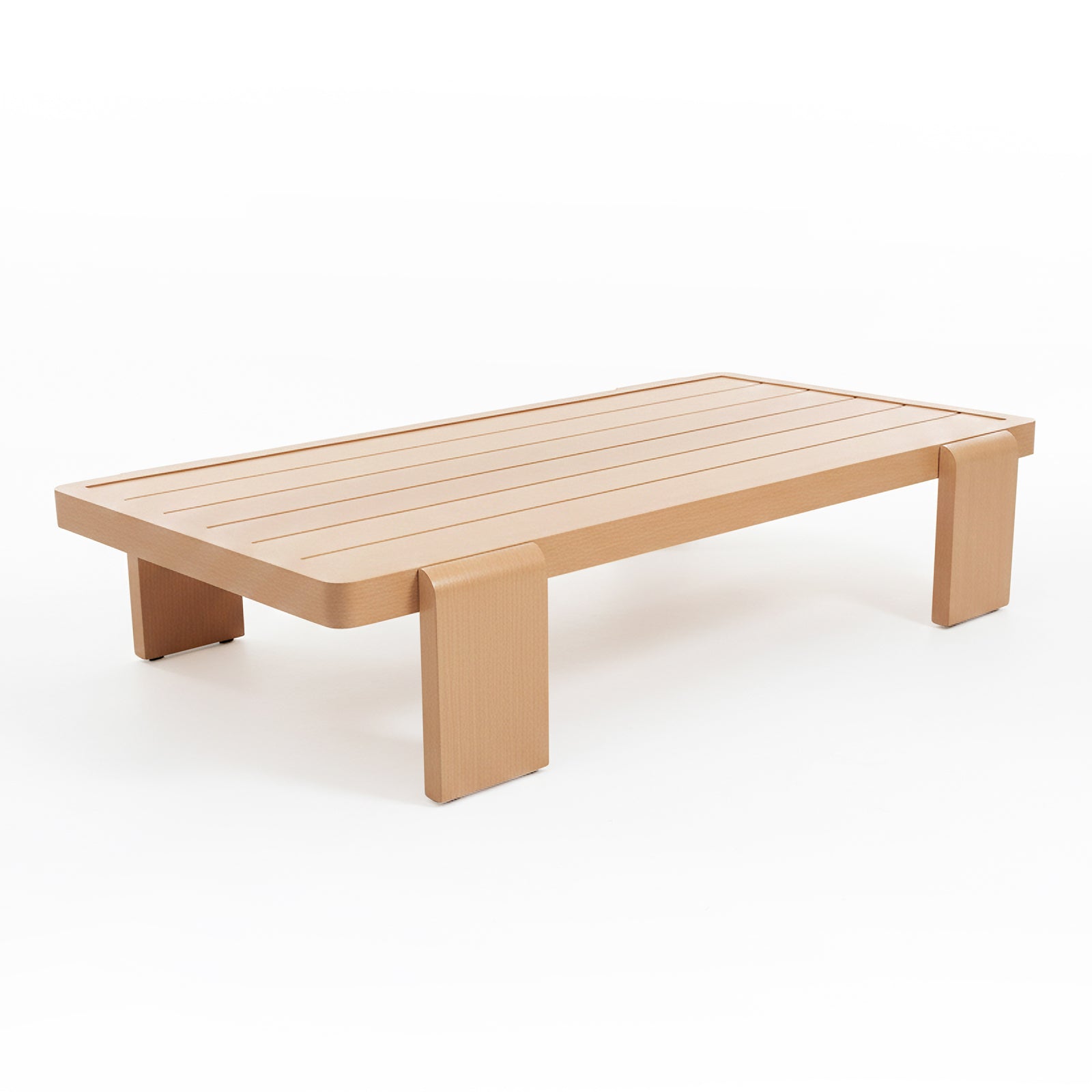 Modica 5 Seater Aluminium Outdoor Sofa Set in White featuring a minimalist, low-profile wooden coffee table with slatted top and broad flat legs, complementing the modern outdoor lounge setting.