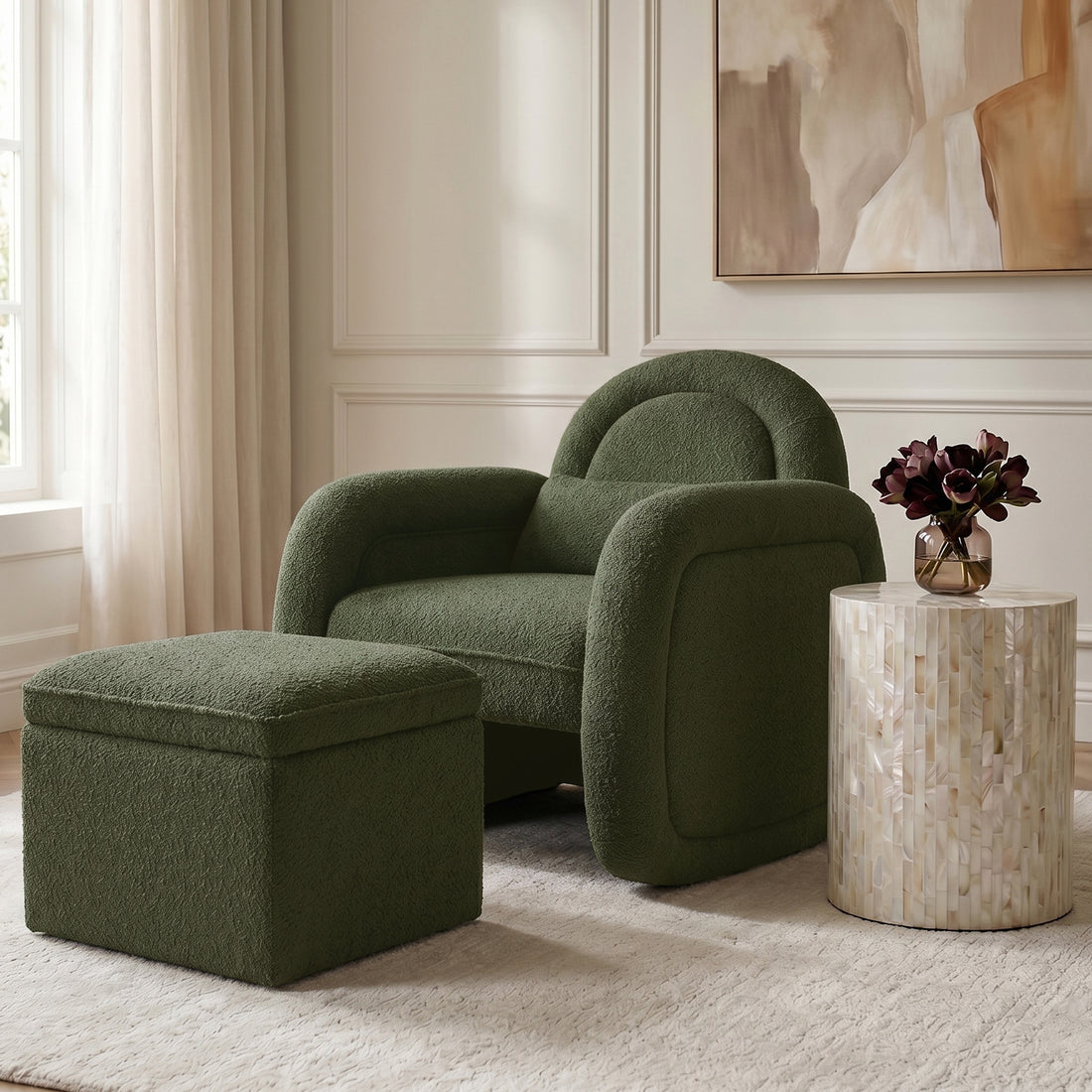 Olive green lounge chair and ottoman styled in a modern living room