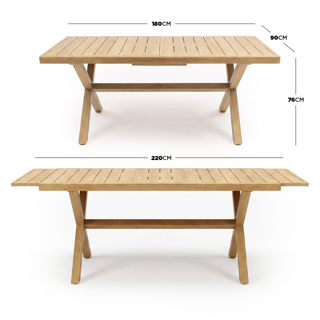 Wooden extendable table shown with dimensions for compact and extended sizes