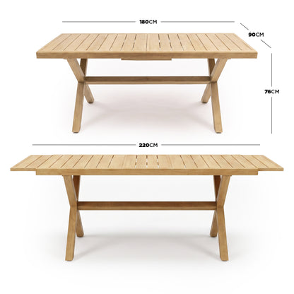 Wooden extendable table shown with dimensions for compact and extended sizes