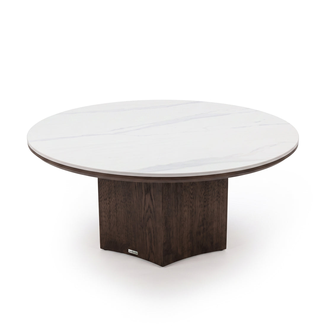 Round table with white marble-like tabletop and dark wooden pedestal base isolated on a white background.