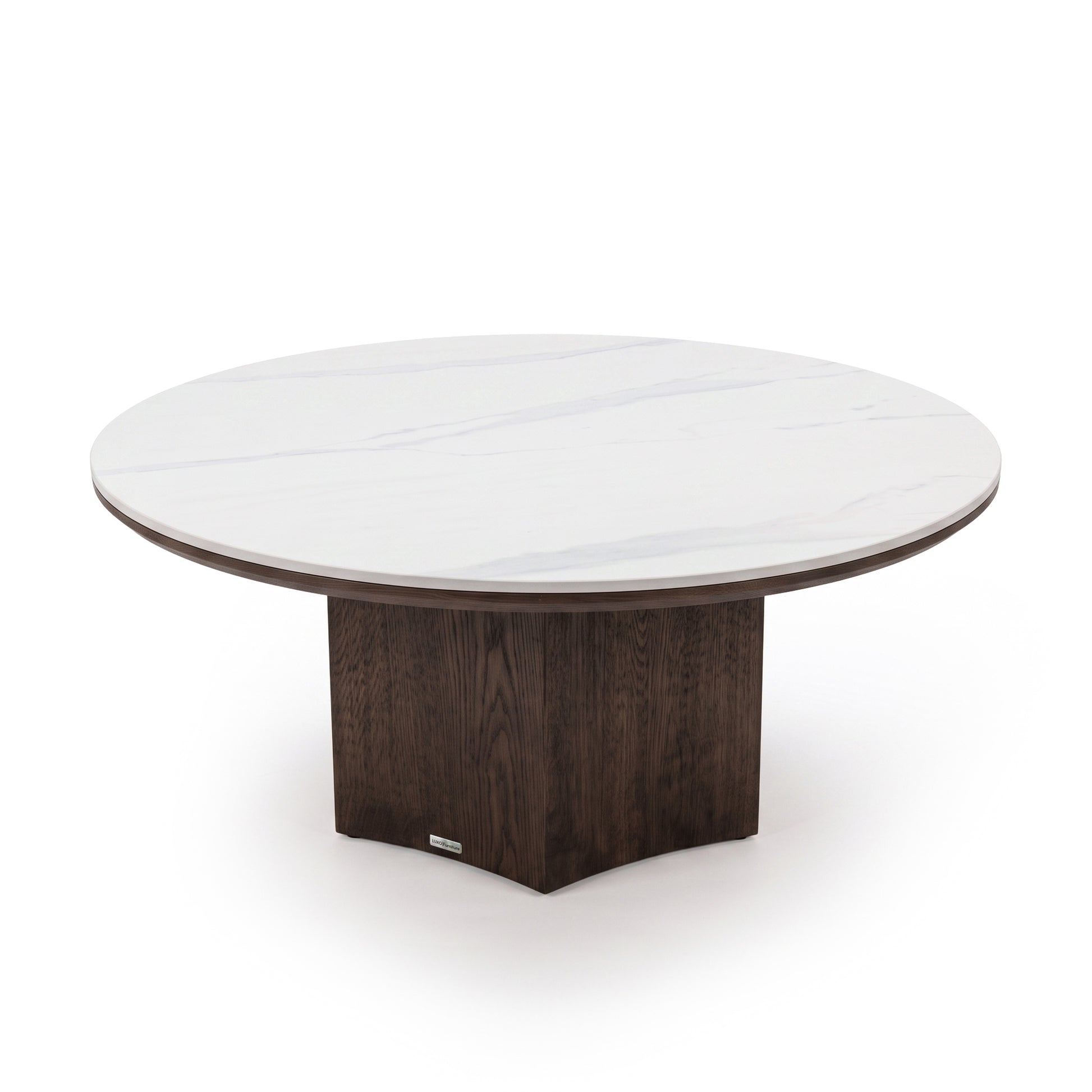 Round table with white marble-like tabletop and dark wooden pedestal base isolated on a white background.