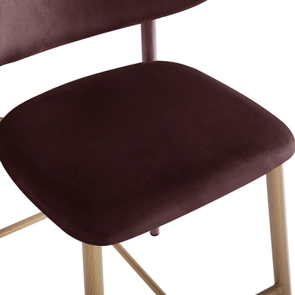Audrey Fabric Upholstered Barstool Set of 2 in Dark Plum, featuring a plush velvet-like seat and backrest with light-finished wooden frame. The padded seat enhances comfort for any kitchen or bar setting.
