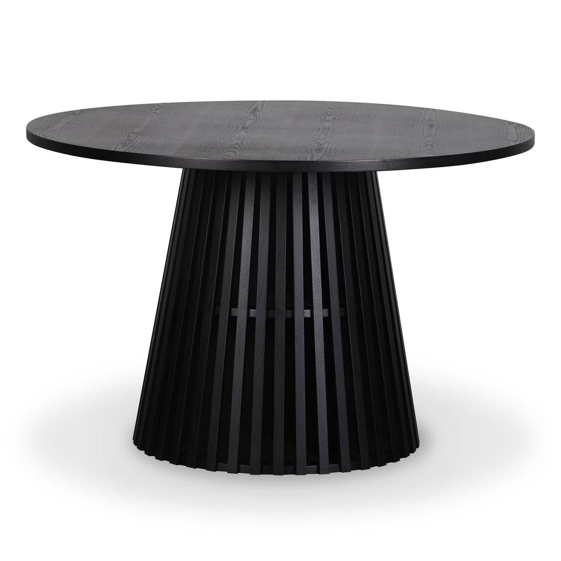 Riri 120cm Round Fluted Wood Dining Table in Black features a smooth circular top and a striking fluted pedestal base with evenly spaced vertical slats, offering architectural elegance and practicality.