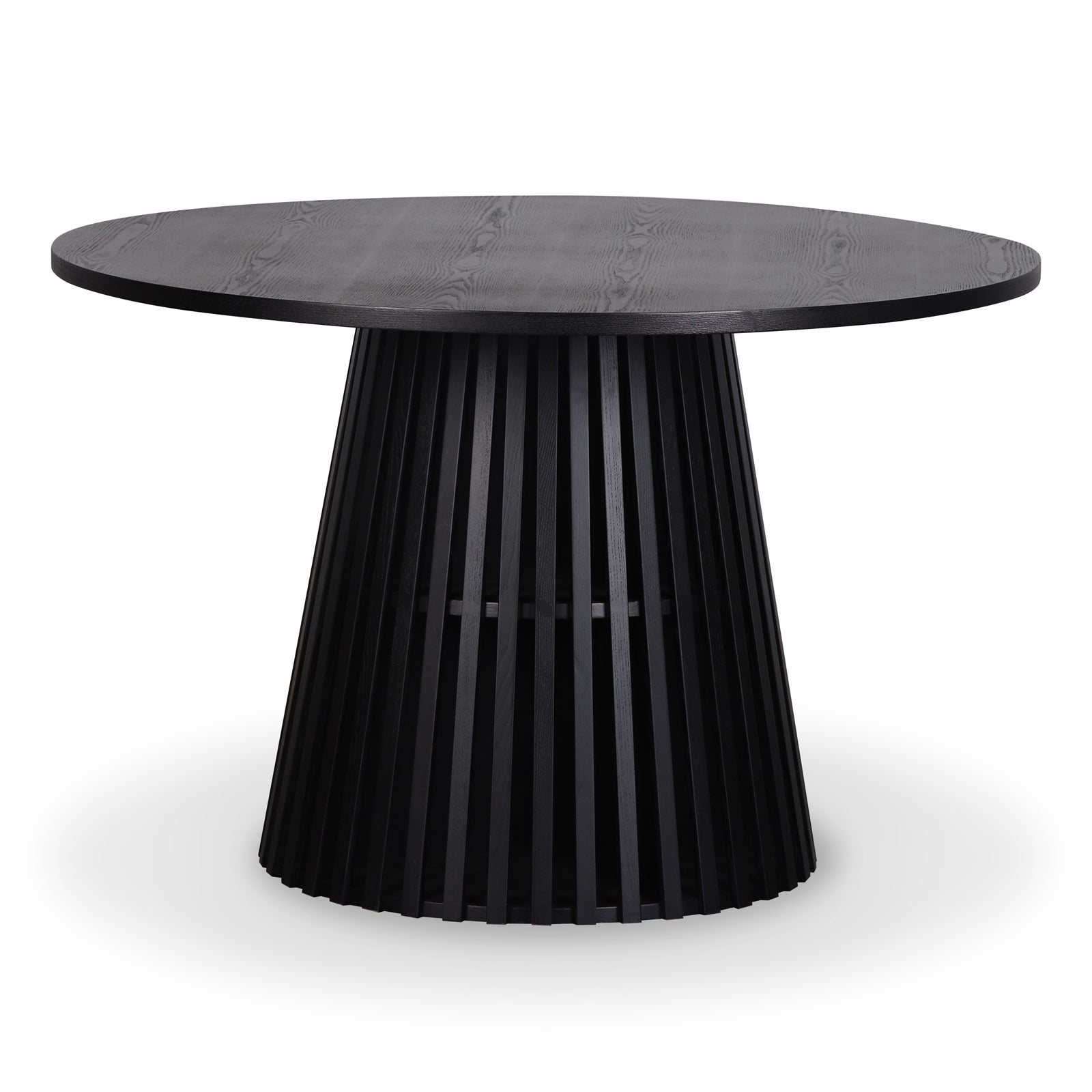 Riri 120cm Round Fluted Wood Dining Table in Black features a smooth circular top and a striking fluted pedestal base with evenly spaced vertical slats, offering architectural elegance and practicality.