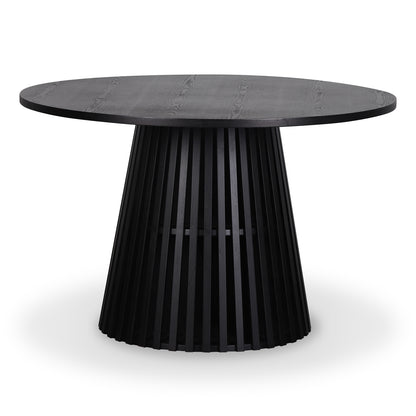 Riri 120cm Round Fluted Wood Dining Table in Black features a smooth circular top and a striking fluted pedestal base with evenly spaced vertical slats, offering architectural elegance and practicality.