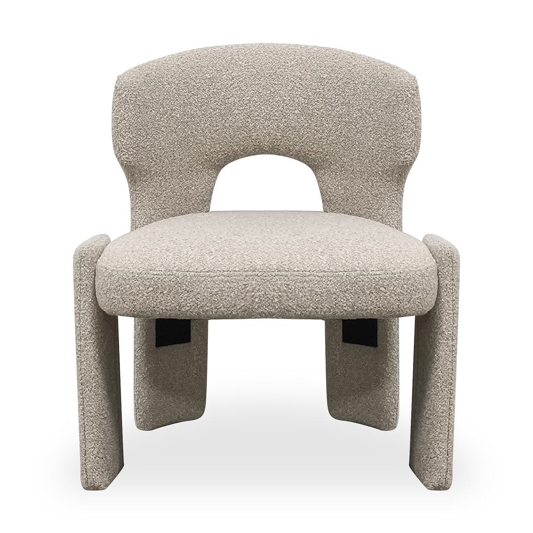 Lunari Bouclé Curved Accent Chair in Beige features a gently curved backrest with cut-out, thick padded seat, panel-style legs, and plush bouclé texture, offering style and comfort.
