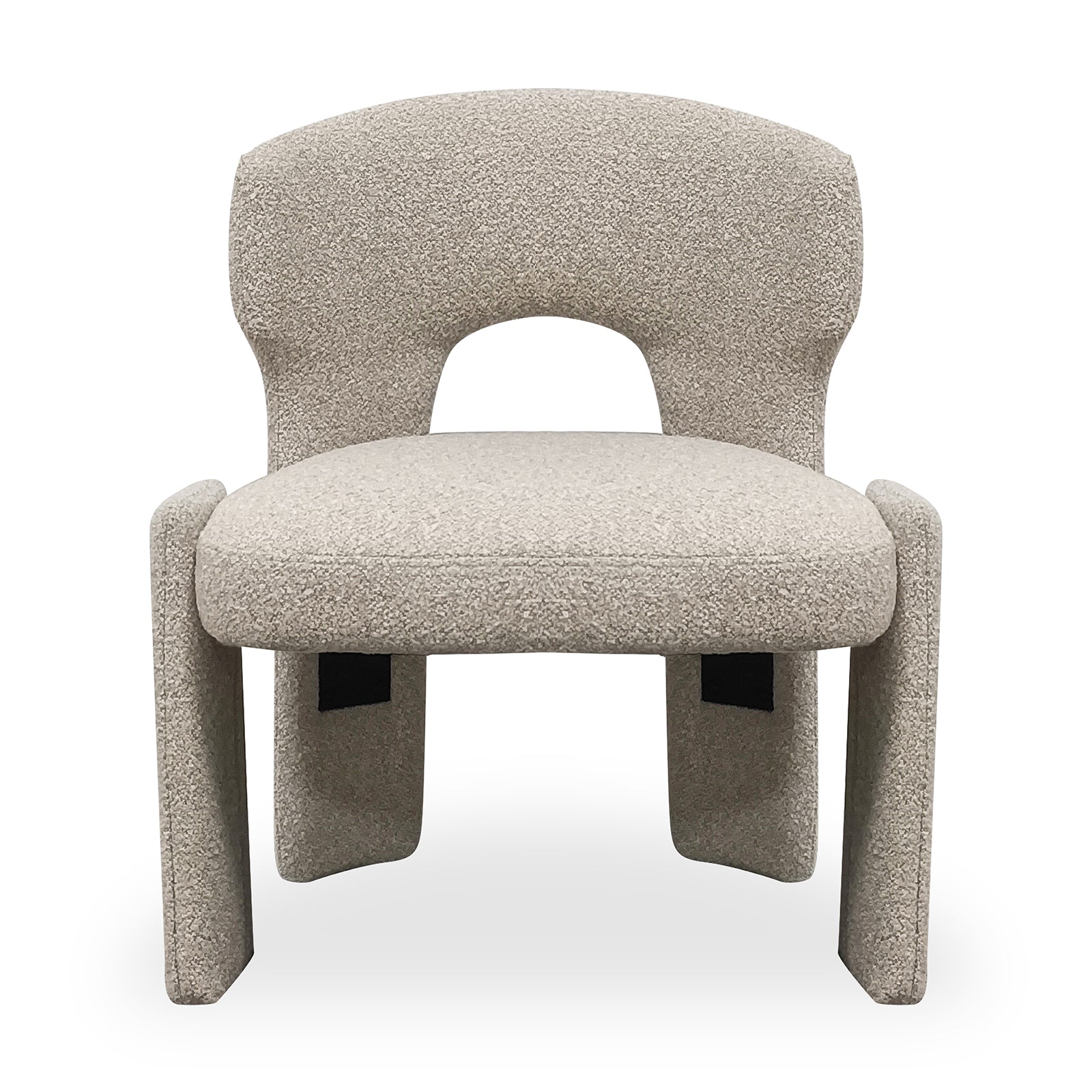 Lunari Bouclé Curved Accent Chair in Beige features a gently curved backrest with cut-out, thick padded seat, panel-style legs, and plush bouclé texture, offering style and comfort.