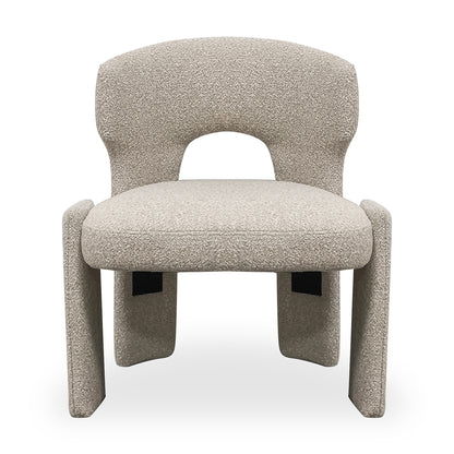 Lunari Bouclé Curved Accent Chair in Beige features a gently curved backrest with cut-out, thick padded seat, panel-style legs, and plush bouclé texture, offering style and comfort.