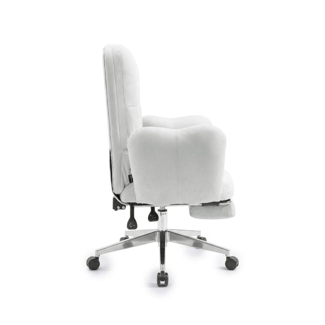 Side view of a light gray office chair with cushioned back and seat on white background