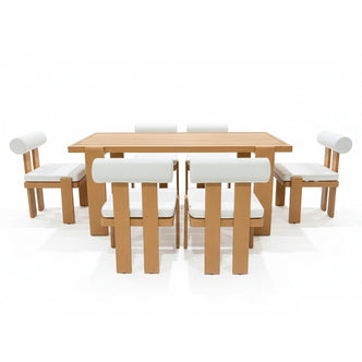 Positano 6 Seater Aluminium Outdoor Dining Set in White, featuring a slatted rectangular table and six chairs with chunky wooden frames, white seat cushions, and cylindrical back-rests on a white background.