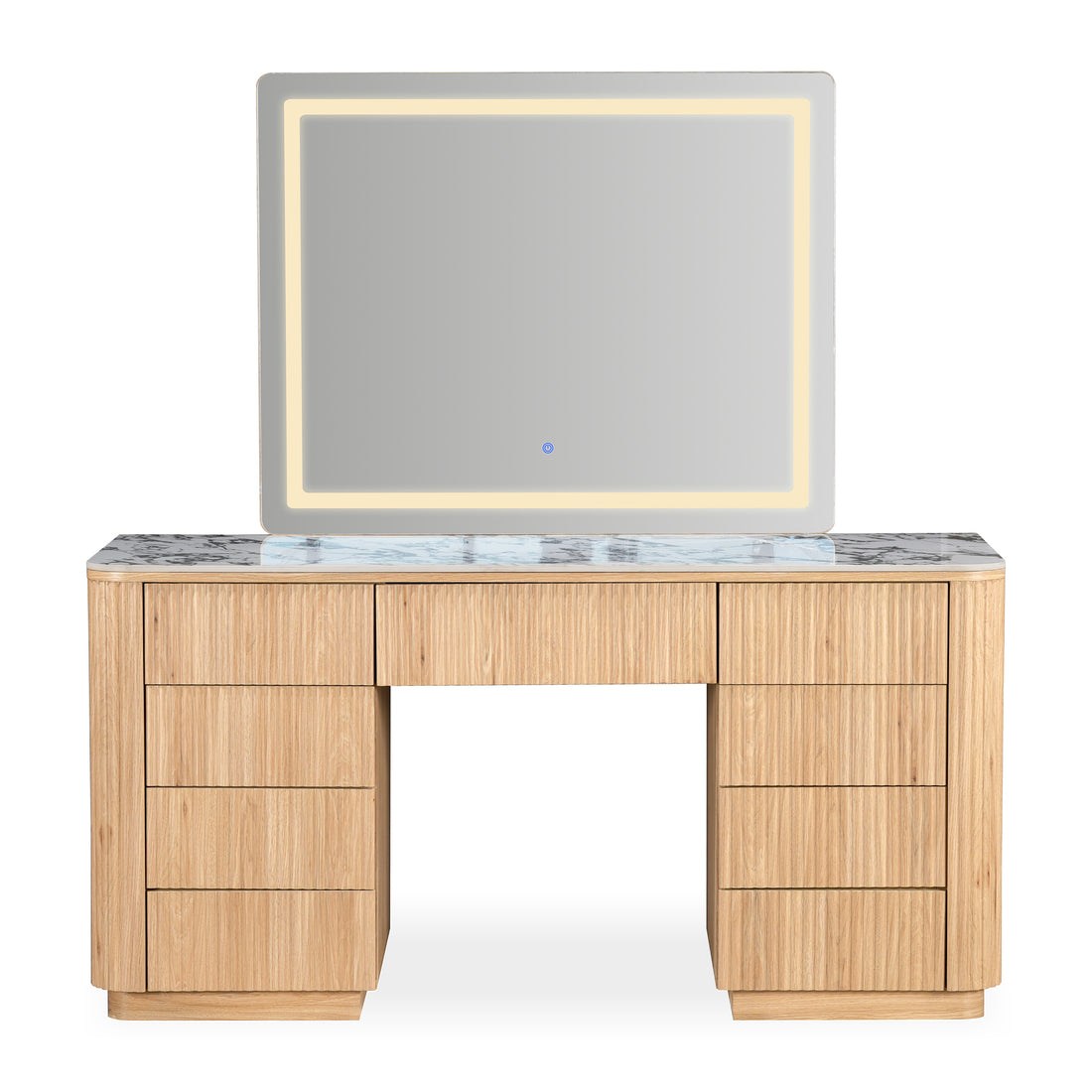 Full view of a modern vanity table with lit mirror on a white background