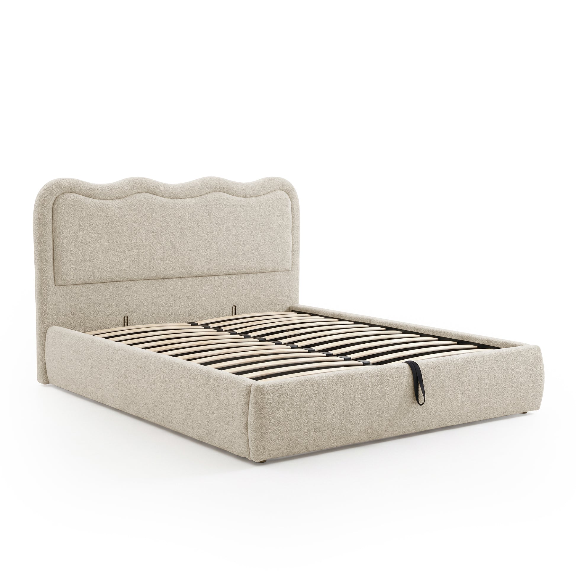 Angled view of upholstered bed with slatted base on white background