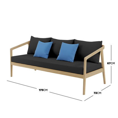 Delva 4 Seater Hardwood Acacia Outdoor Sofa Set in Black, featuring a sleek wooden frame, black cushions, blue throw pillows, and key dimensions: 173 cm width, 72 cm depth, 67 cm height.