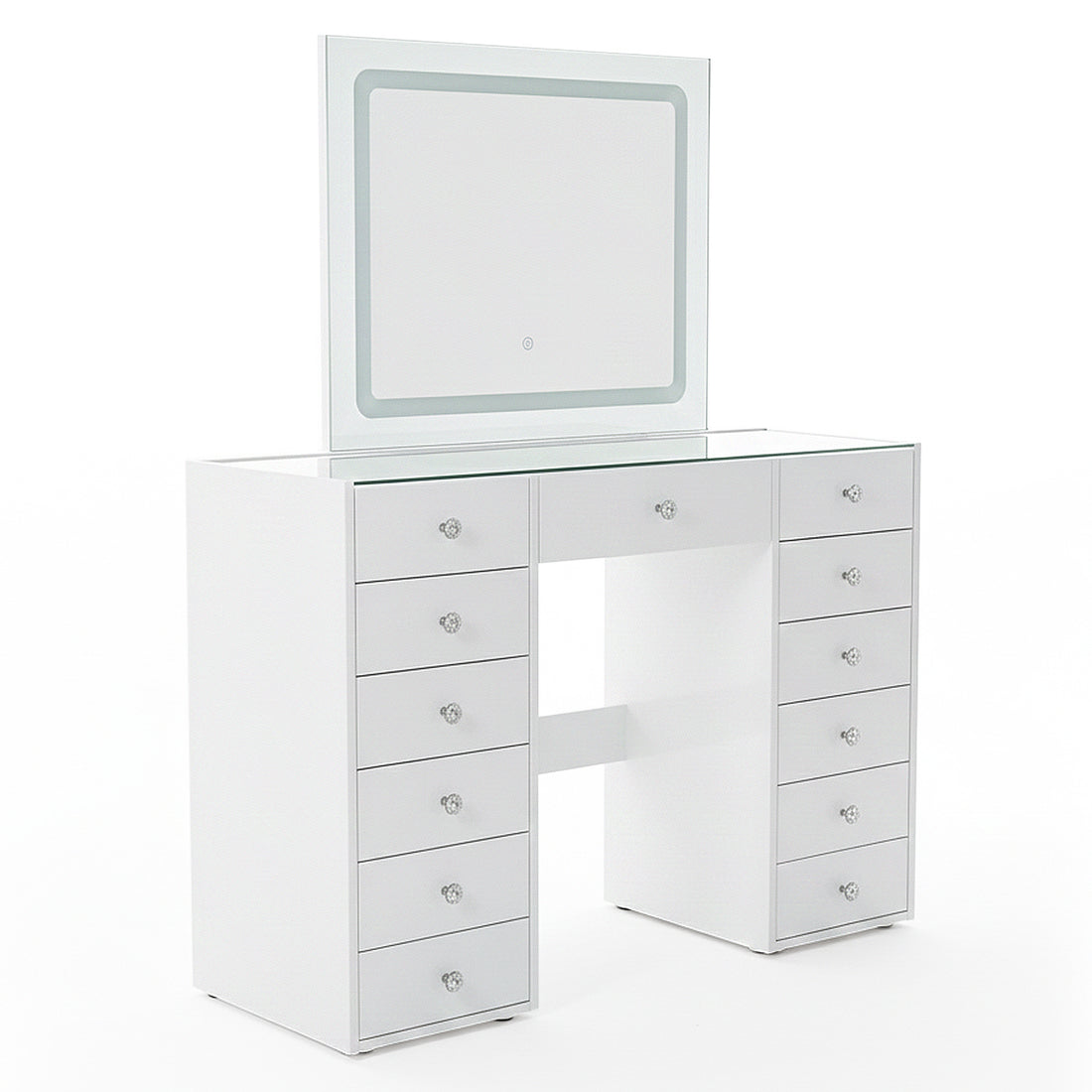 Modern white vanity table with rectangular mirror and drawers on white background