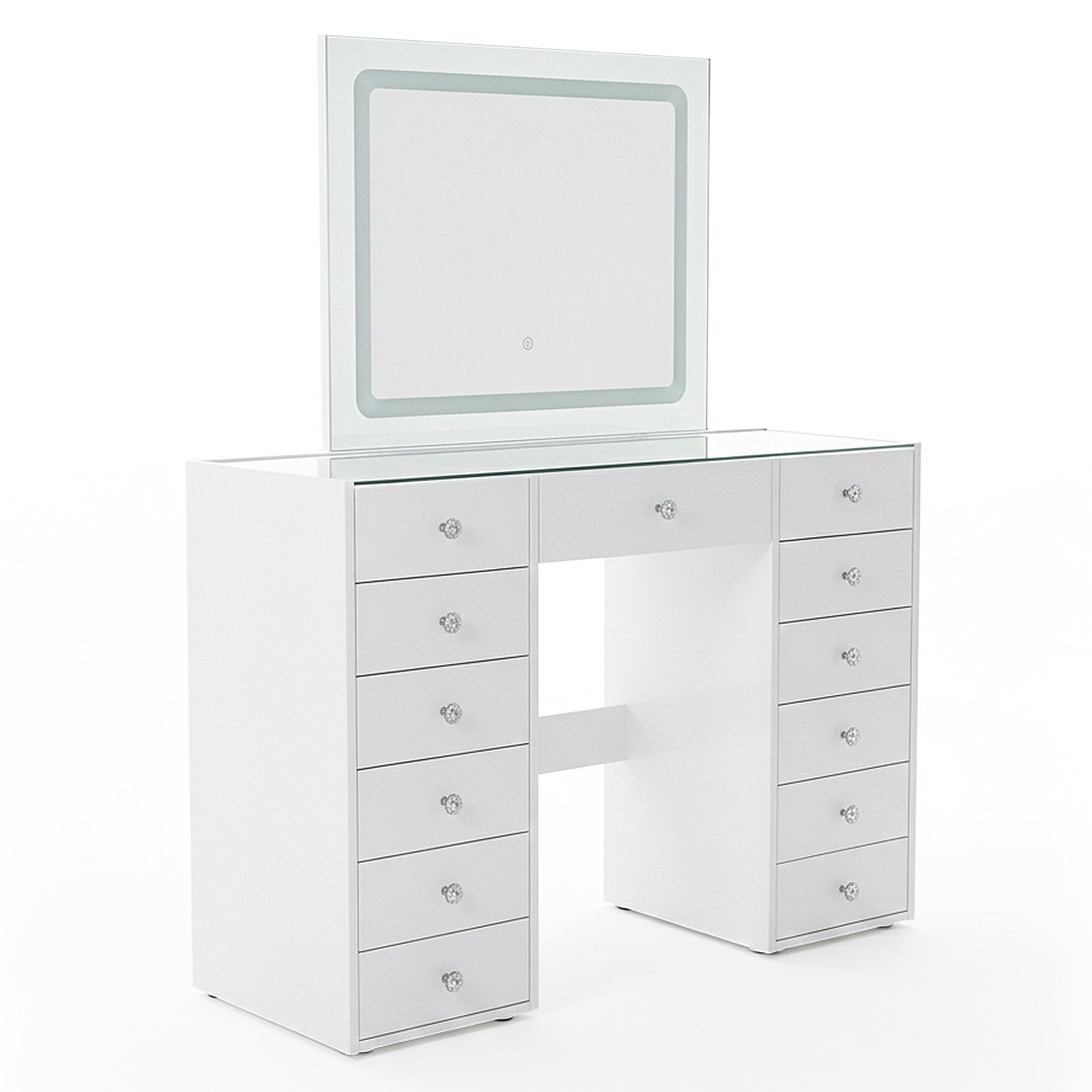 Modern white vanity table with rectangular mirror and drawers on white background