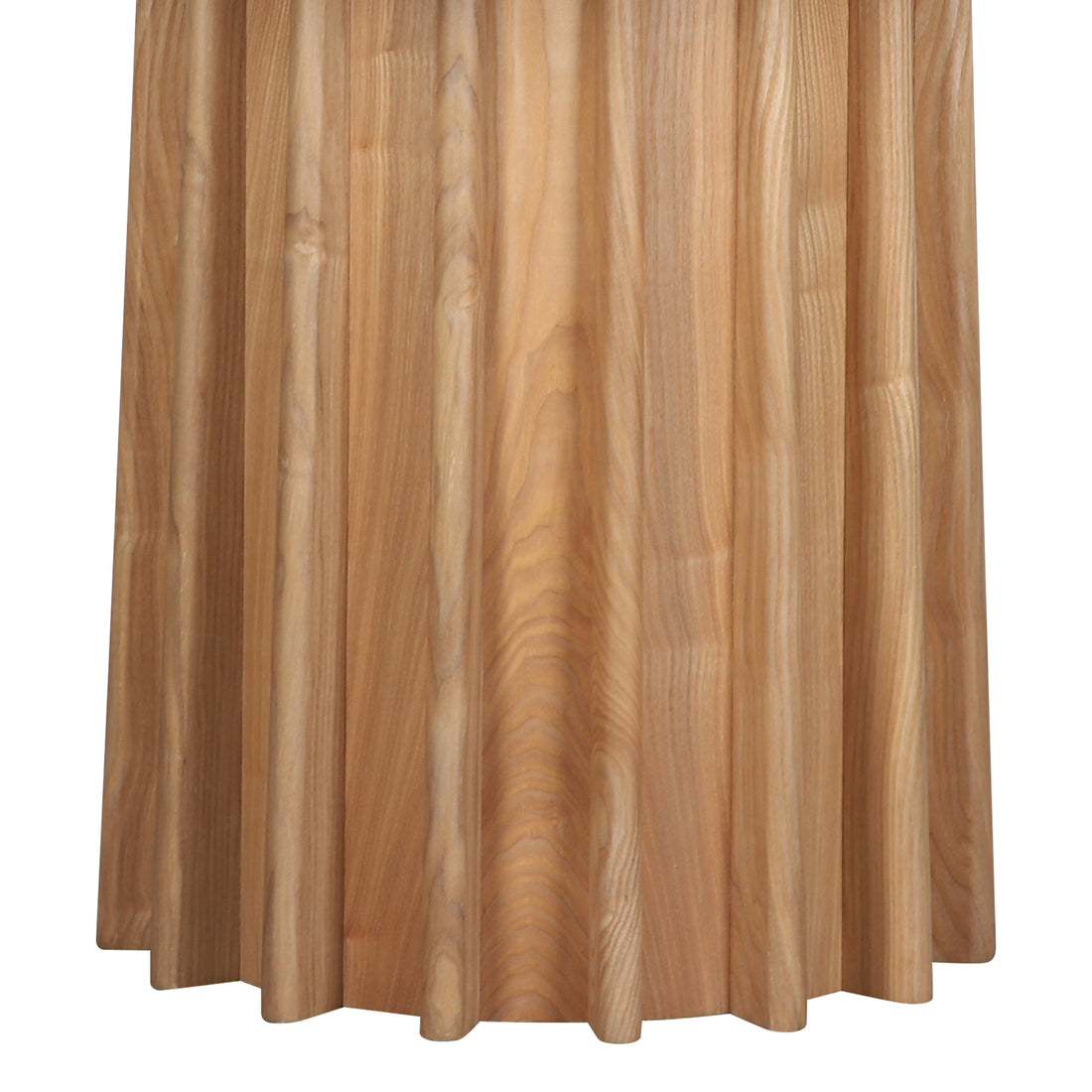 Gabi 120cm Marble Look Dining Table in Oak features a sculptural, drum-shaped base with vertical wooden slats, showcasing natural wood grain against a plain background.