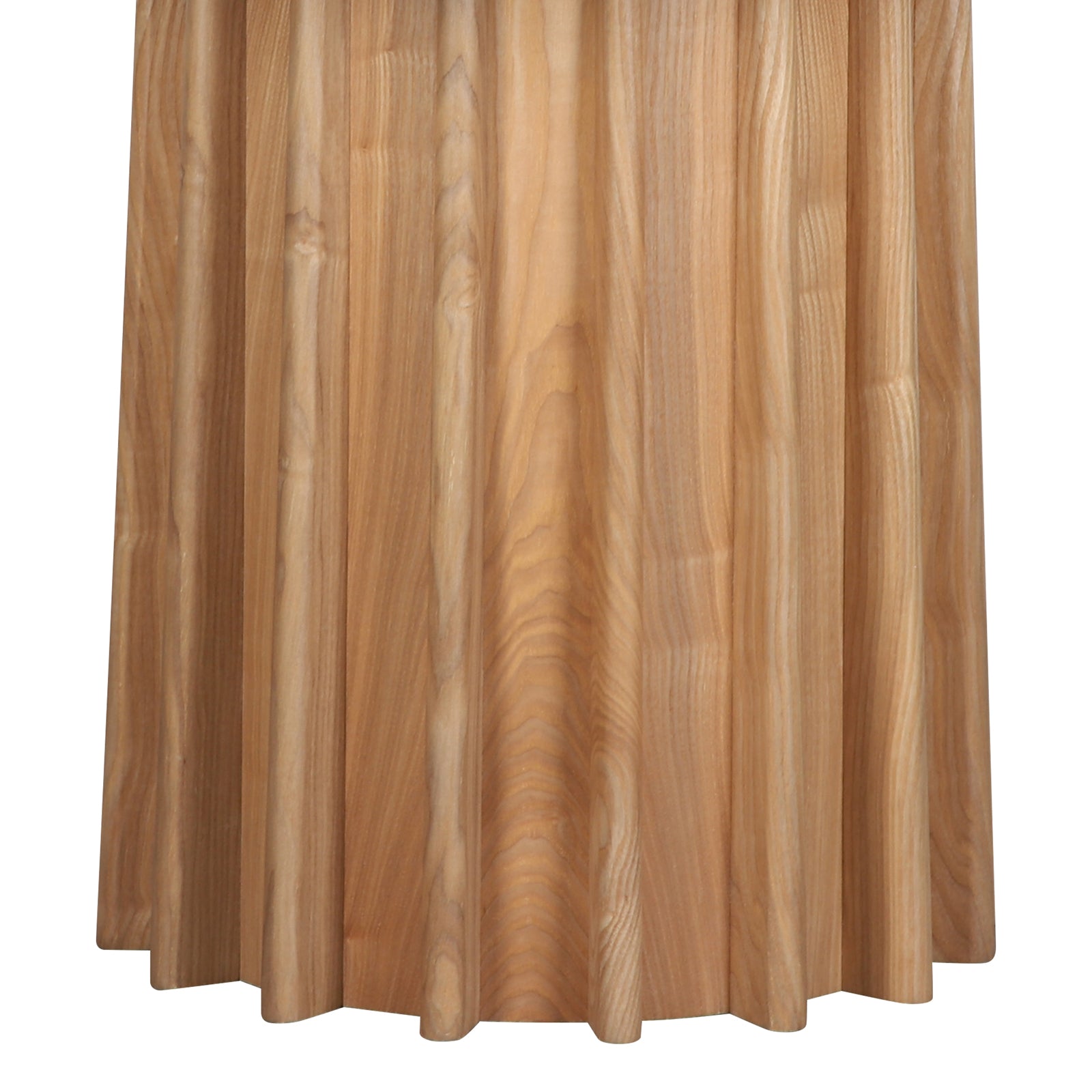 Gabi 120cm Marble Look Dining Table in Oak features a sculptural, drum-shaped base with vertical wooden slats, showcasing natural wood grain against a plain background.