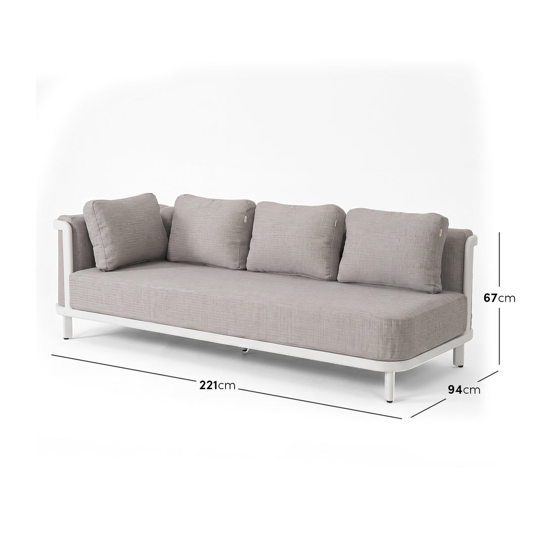 Modern light gray cushioned sofa on a white background with dimensions shown.