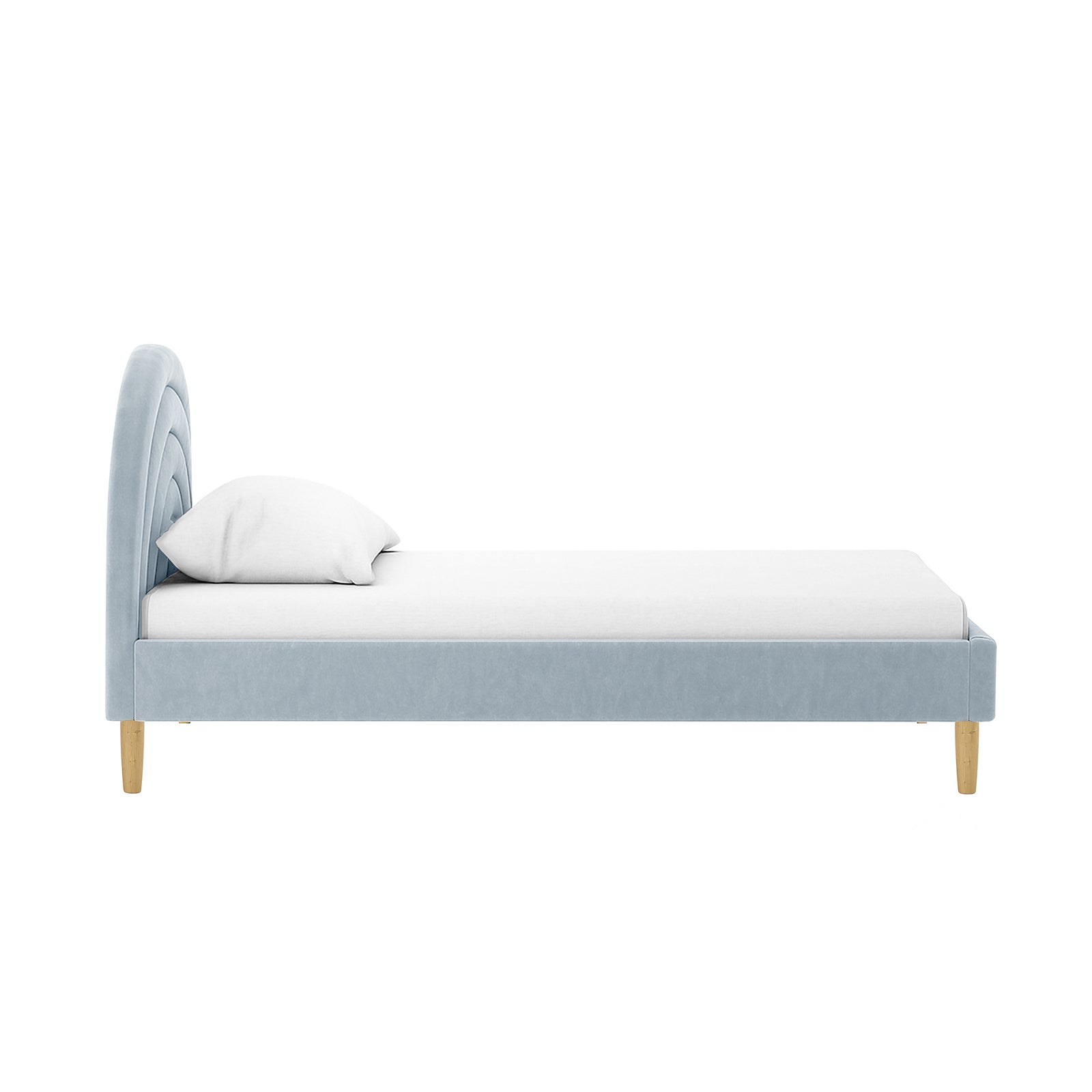 Estilla Velvet Rainbow Bed in Ice Blue, featuring a curved, padded headboard and matching side rails, supported by wooden legs. The setup includes a white mattress and pillow.