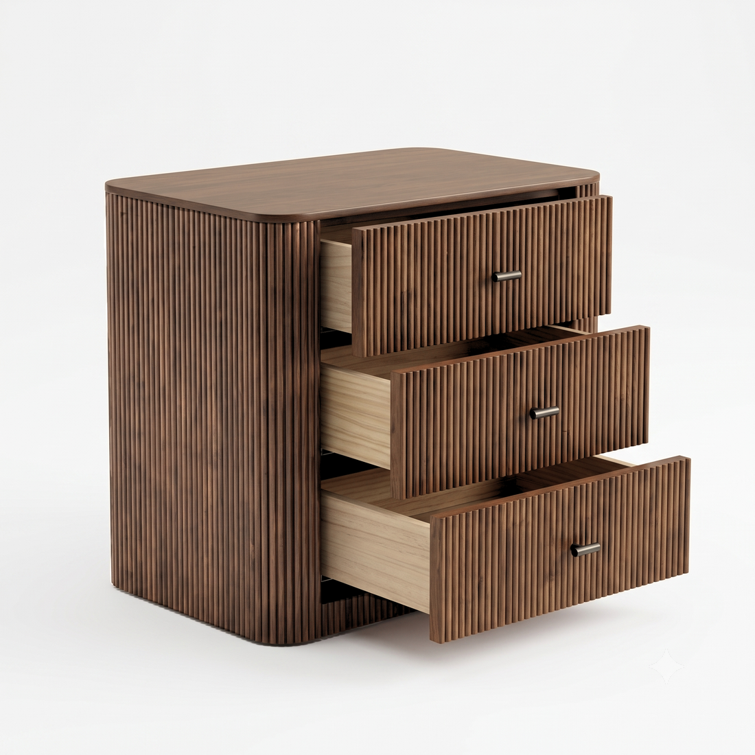 Wooden nightstand with three open drawers on a white background