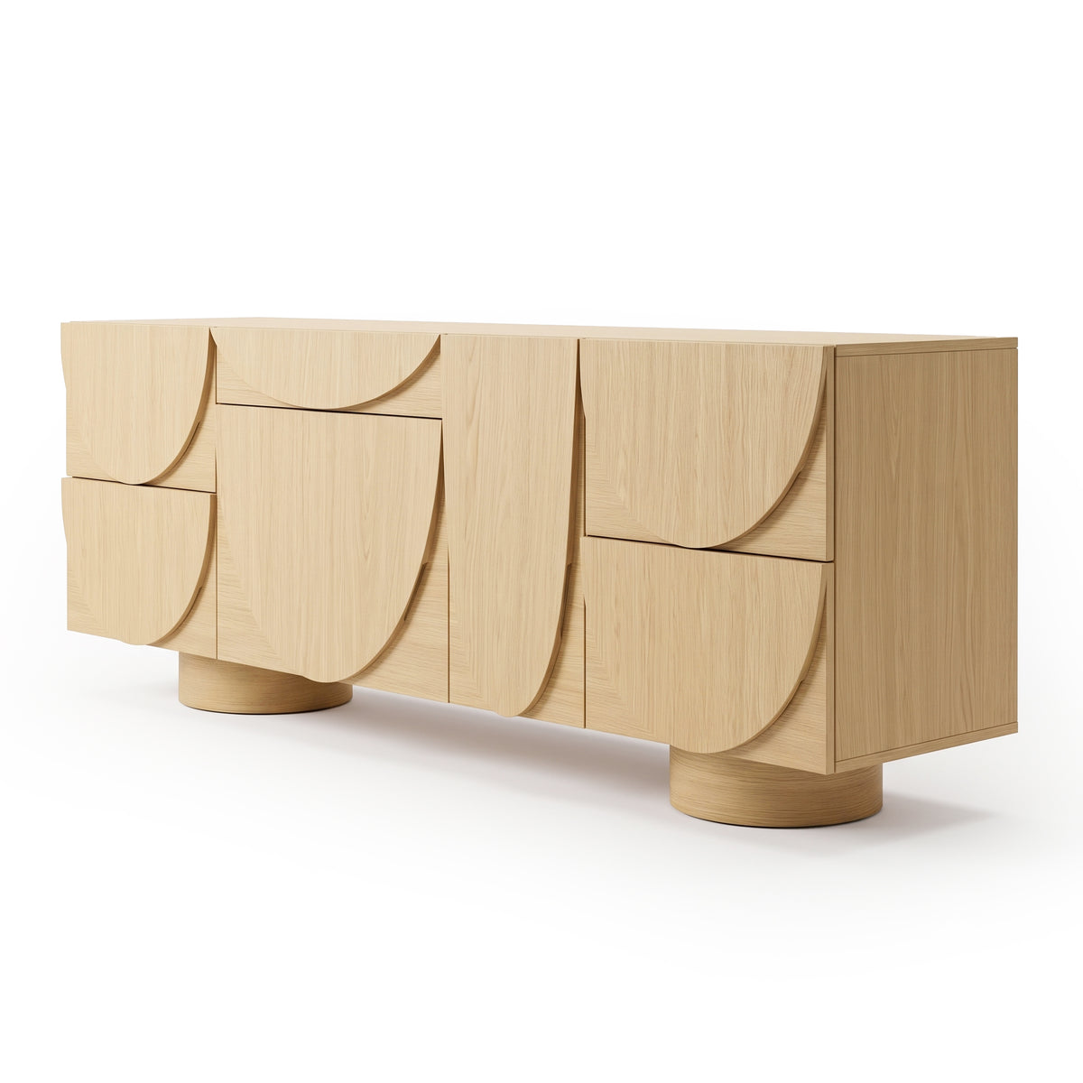 Modern wooden sideboard with curved geometric drawer fronts on white background