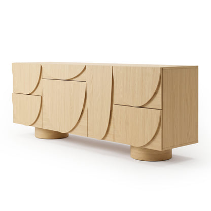 Modern wooden sideboard with curved geometric drawer fronts on white background