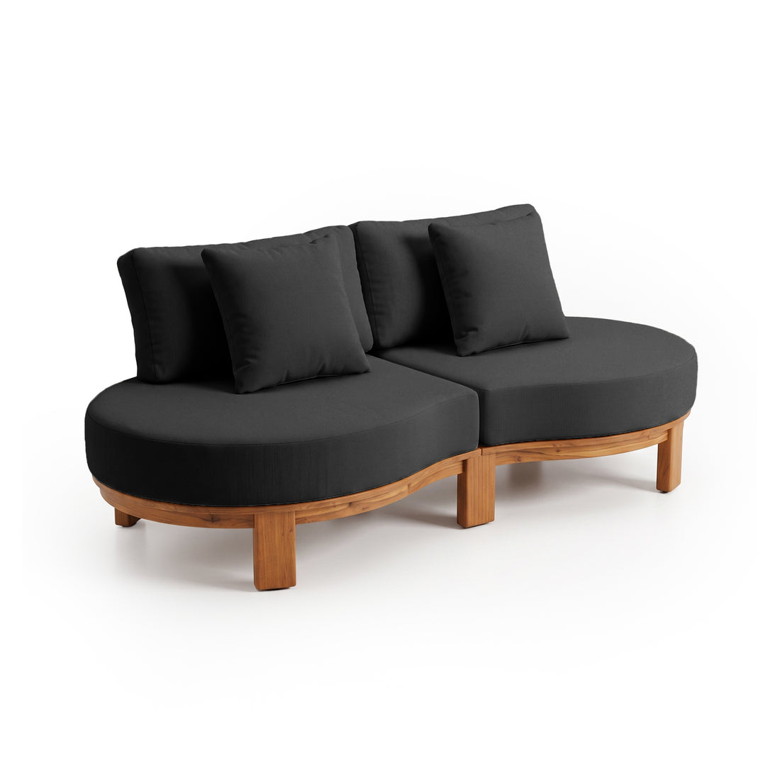 Contemporary rounded modular sofa with black cushions on white background
