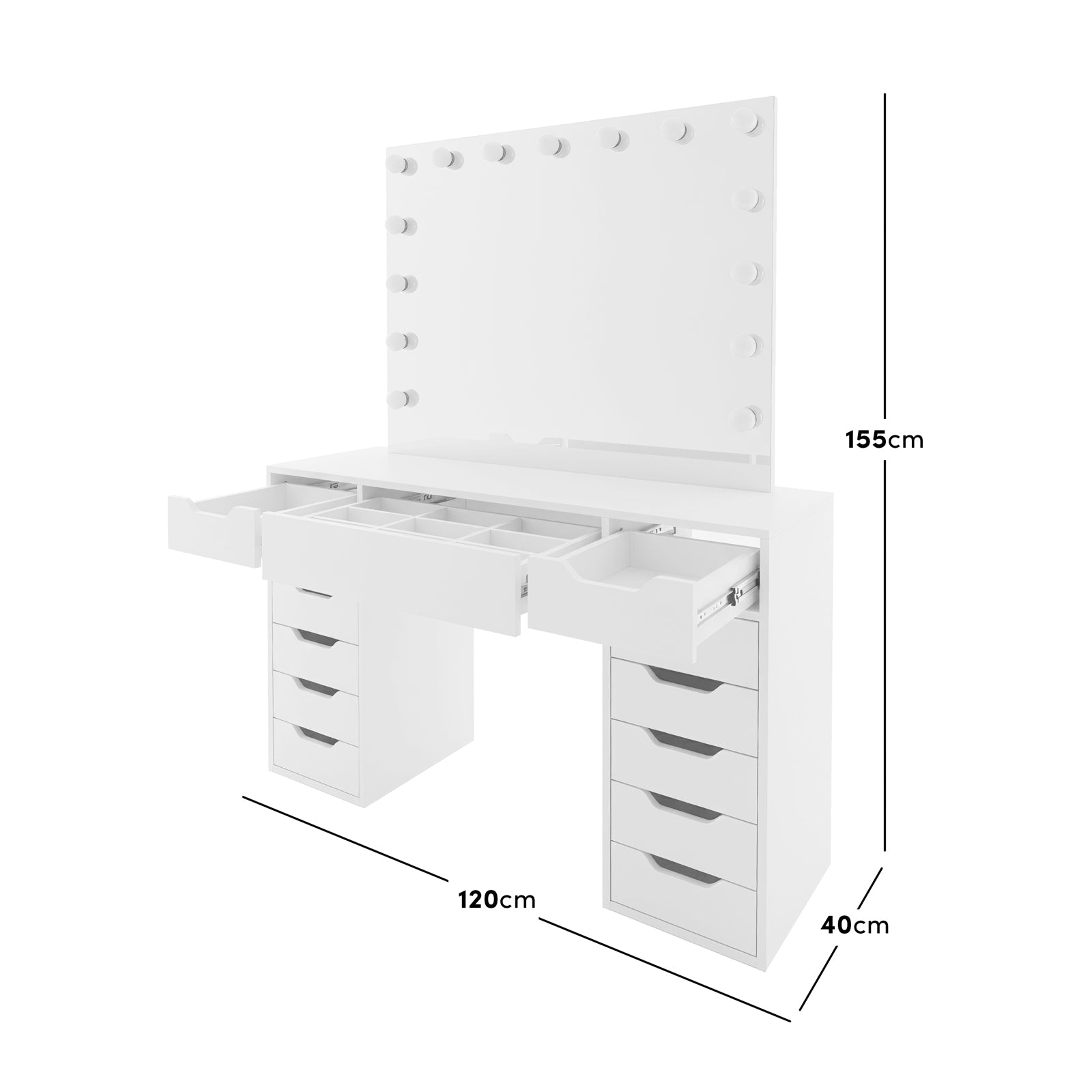 Jenna Hollywood LED Mirror Dressing Table in White features a large mirror with 15 LED bulbs, two pedestal drawer stacks, and a spacious tabletop, ideal for cosmetics and grooming.