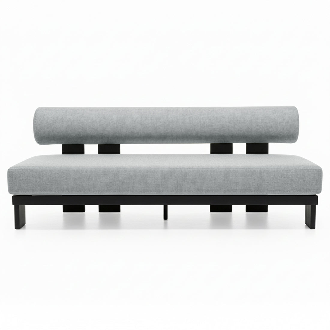 The Modica 5 Seater Aluminium Outdoor Sofa Set in Black & Grey features a minimalist two-seat bench with a black base, straight legs, and light-gray upholstered cushion with a cylindrical bolster backrest.
